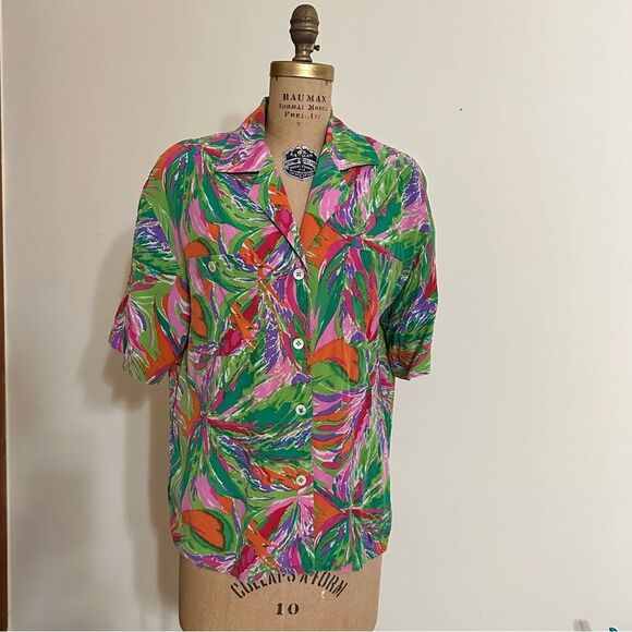 Vintage Starington Abstract Tropical Print Women's Silk Blouse Size 12 - Picture 2 of 6